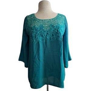 Umgee Green Chiffon Blouse Neckline Cutouts Embroidered Flowy Boho Top